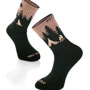Merino vilnas pārgājienu zeķes ar vilka attēlu - tumši zaļas